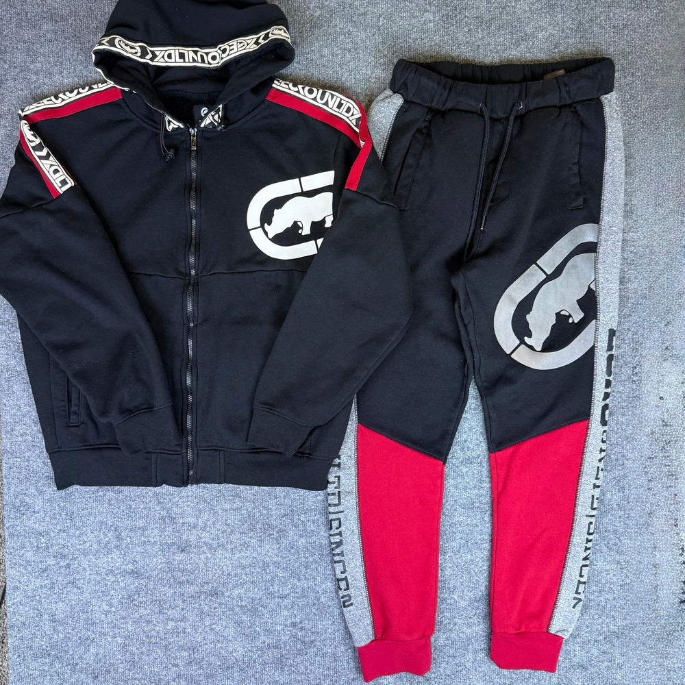 VTG Y2K Ecko Unltd‎ Mens Tracksuit Set Hoodie & Sweatpants Black Red Logo Size M